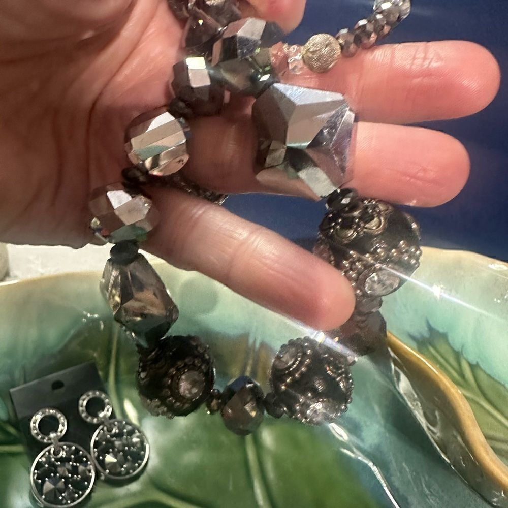 Handcrafted Black Glass Crystal & Rhinestone One of a Kind Necklace + Earrings - Picture 5 of 7